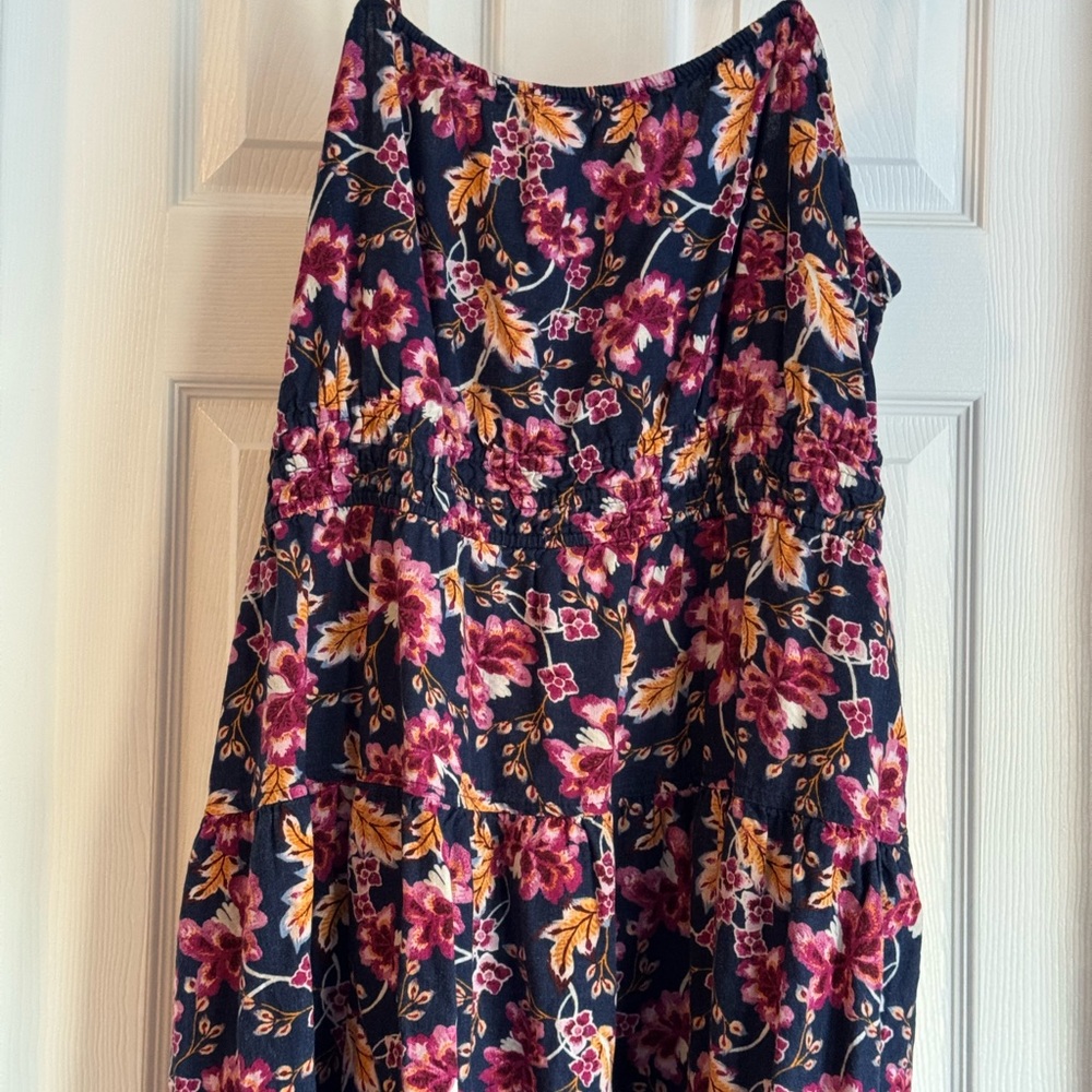 Old Navy Floral Linen Blend Smocked Midi Dress XXL Pockets Wedding Guest Dress